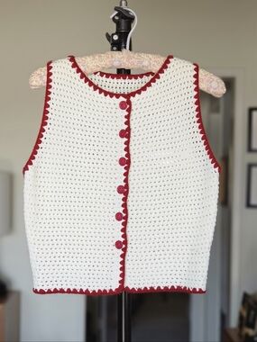 Commense White Crochet Vest with Red Trim